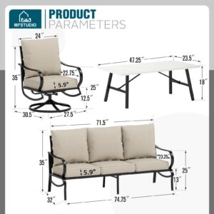 MFSTUDIO 4 Pieces Patio Conversation Sets(5 Seat),Outdoor Metal Furniture Sofas with 1 Loveseat(3 Seat), 2 Swivel Chairs,1 Coffee Table,Wrought Iron with Beige Cushion for Patio Courtyard Balcony