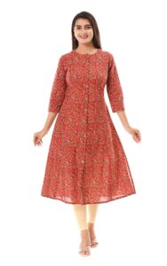 vihaan impex printed casual red floral kurti for women long kurta tunic 3/4 sleeve (as1 alpha l regular regular)