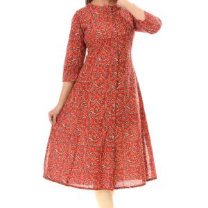 Vihaan Impex Printed Casual Red Floral Kurti for Women Long Kurta Tunic 3/4 Sleeve (as1 alpha l regular regular)