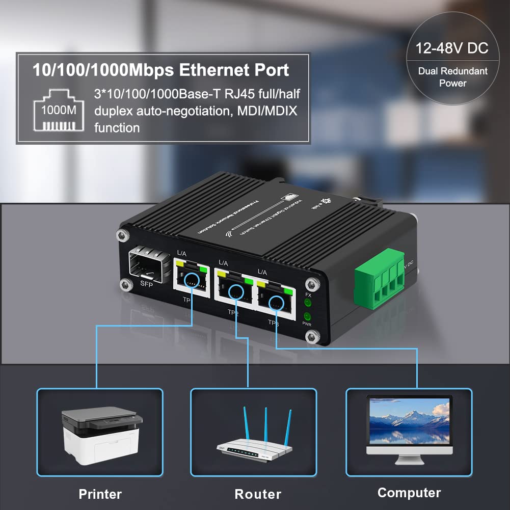 Throncom Industrial Gigabit 3 Ports Ethernet Switch Hardened 10/100/1000Mbps Fiber Switch with 100/1000M Adaptive SFP Slot Din Rail /Wall Mount Unmanaged Network Switch 12-48V DC 4-port Switch