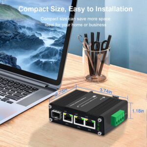 Throncom Industrial Gigabit 3 Ports Ethernet Switch Hardened 10/100/1000Mbps Fiber Switch with 100/1000M Adaptive SFP Slot Din Rail /Wall Mount Unmanaged Network Switch 12-48V DC 4-port Switch