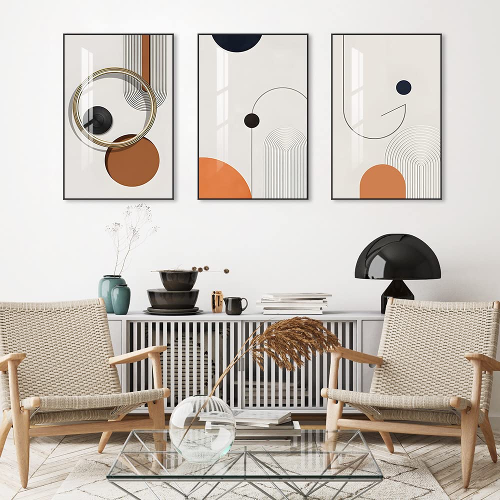 Framed Bright style Wall Art, Boho Wall Art Set of 3, Mid Century Modern Decor 24" x 32", Minimalist Black Beige Neutral Abstract Geometric Wall Decor Canvas Prints for Bedroom Living Room Bathroom