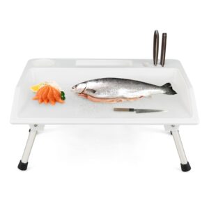 S AFSTAR Folding Fish Cleaning Table, Portable Fish Fillet Cutting Table w/Knife Slots, Cup Holder, Drainage Hose, Compact Boat Bait Table, Small Cutting Board for Camping Picnic Beach