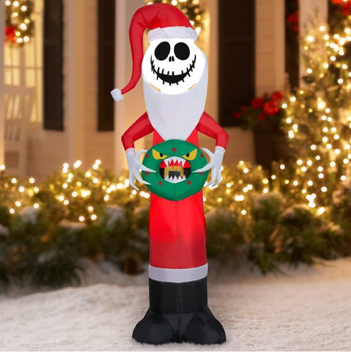 Nightmare Before Christmas Jack Skellington 5.5 Feet Tall Inflatable Blow Up Santa Costume Holding Monster Wreath