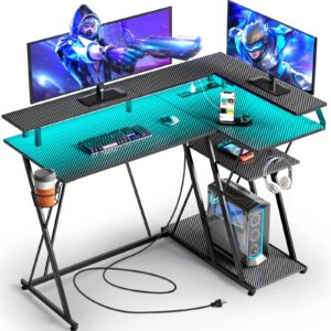 seven warrior l shaped gaming desk with led lights & power outlets, 47” reversible corner desk with storage shelf, computer desk with monitor stand, gaming table with cup holder, with hooks, black