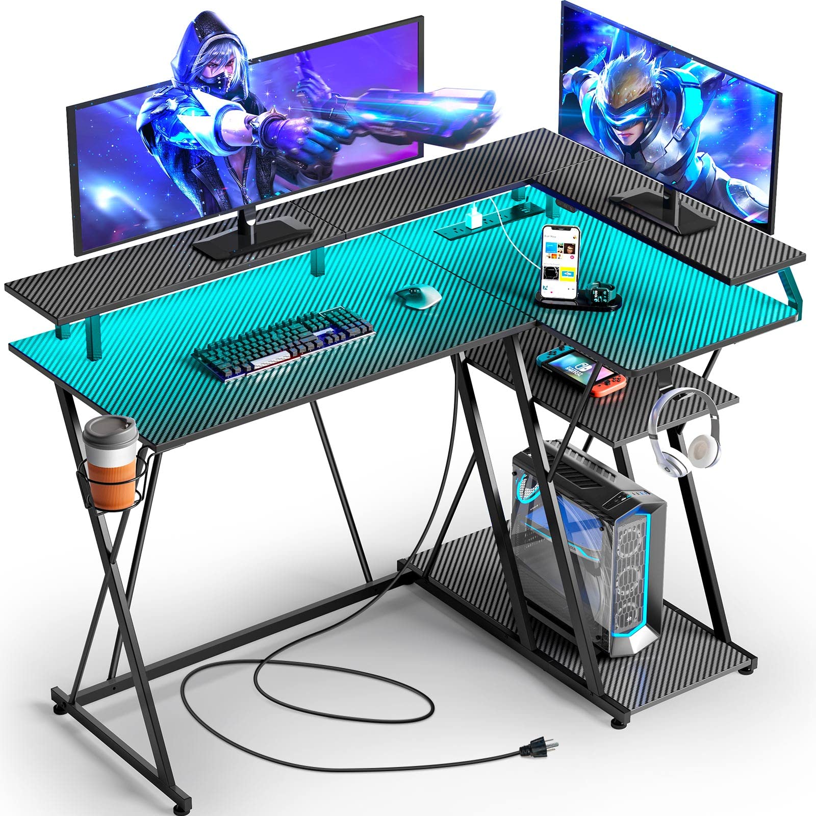 SEVEN WARRIOR L Shaped Gaming Desk with LED Lights & Power Outlets, 47” Reversible Corner Desk with Storage Shelf, Computer Desk with Monitor Stand, Gaming Table with Cup Holder, with Hooks, Black