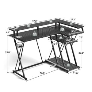 SEVEN WARRIOR L Shaped Gaming Desk with LED Lights & Power Outlets, 47” Reversible Corner Desk with Storage Shelf, Computer Desk with Monitor Stand, Gaming Table with Cup Holder, with Hooks, Black