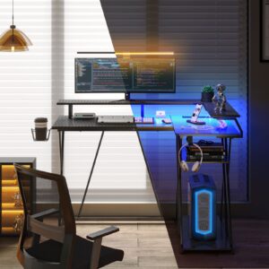 SEVEN WARRIOR L Shaped Gaming Desk with LED Lights & Power Outlets, 47” Reversible Corner Desk with Storage Shelf, Computer Desk with Monitor Stand, Gaming Table with Cup Holder, with Hooks, Black