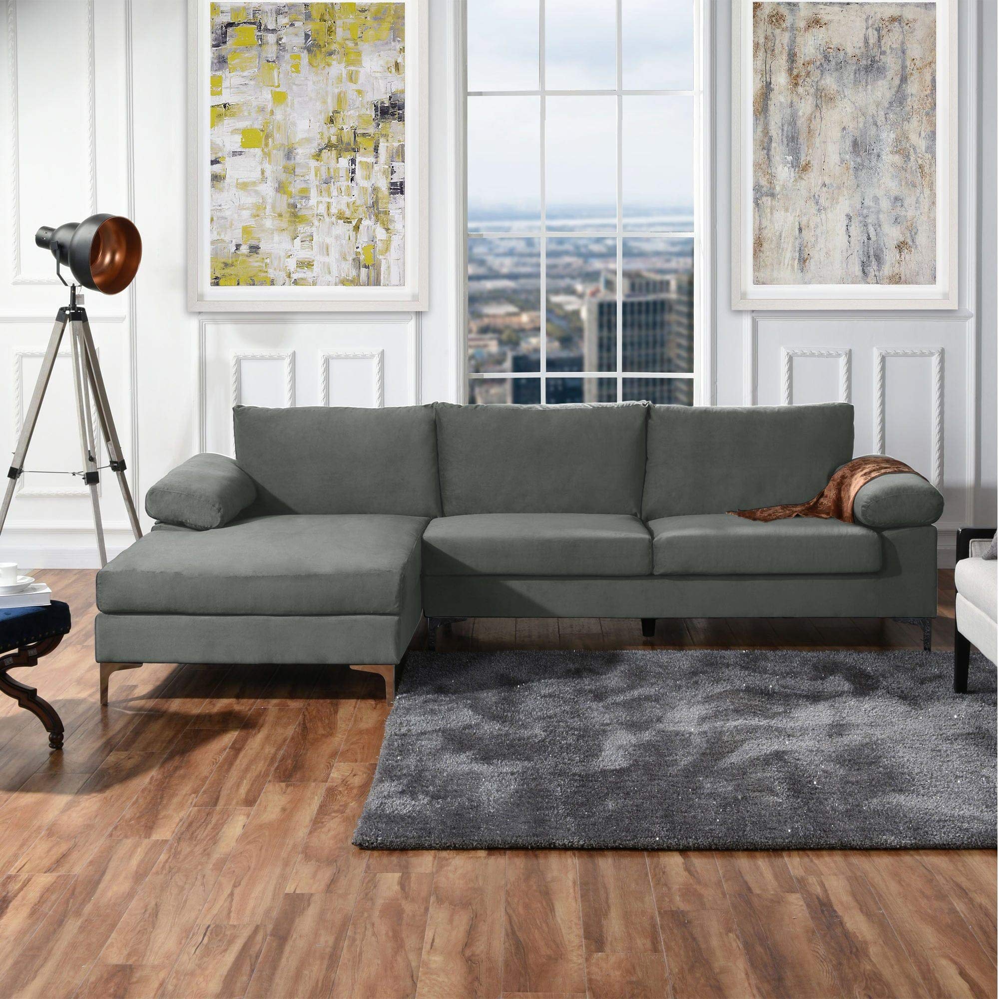 Casa Andrea Milano Modern Large Velvet L-Shape Sectional Sofa, with Extra Wide Chaise Lounge Couch