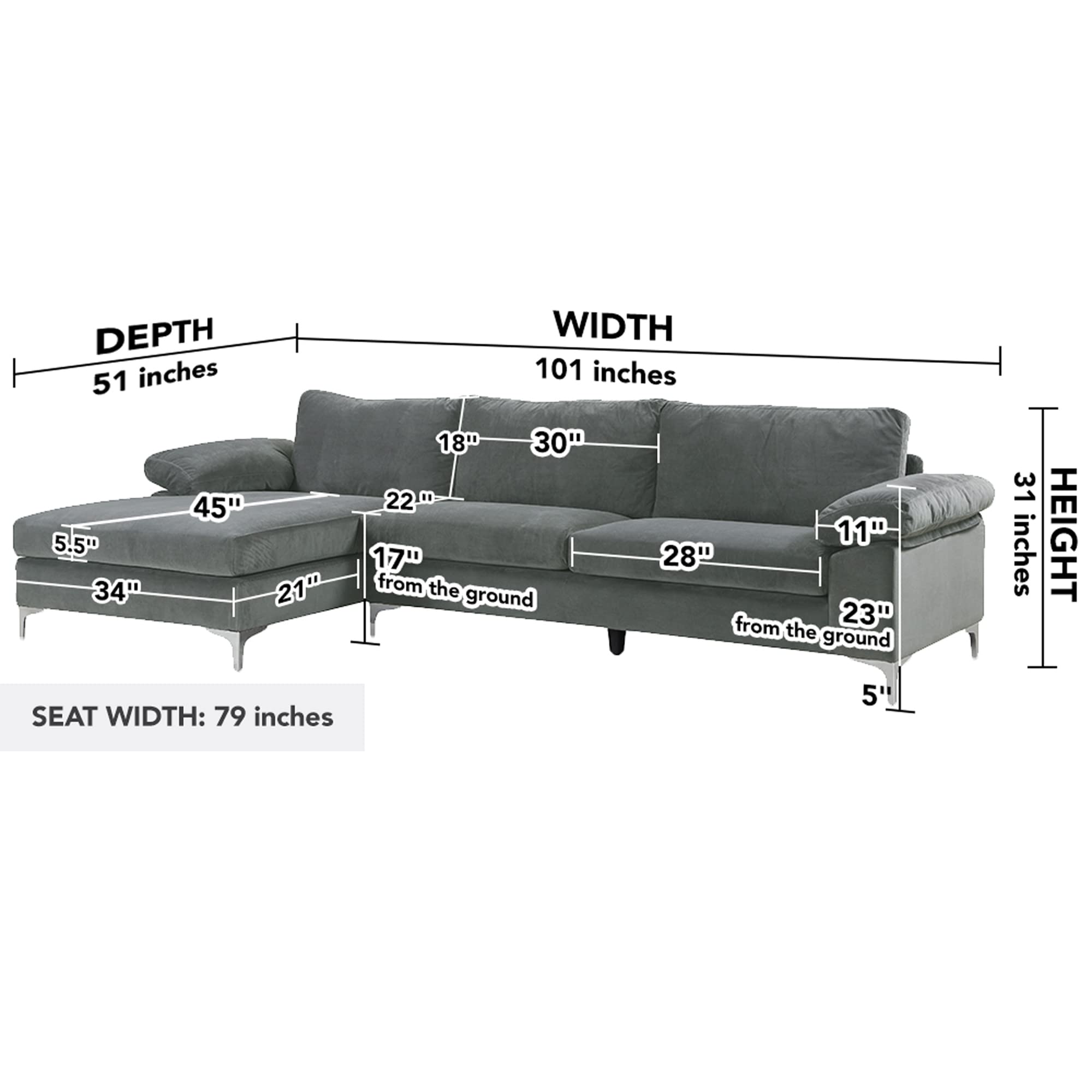 Casa Andrea Milano Modern Large Velvet L-Shape Sectional Sofa, with Extra Wide Chaise Lounge Couch