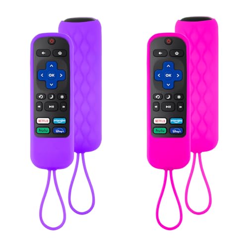 2 Pack Case for Roku Express/Streaming Stick/Premiere - Silicone Remote Cover for TCL Hisense Roku TV Remote Sleeve Skin Smart TV Remote Control Replacement Cover Case(Purple and Rose)