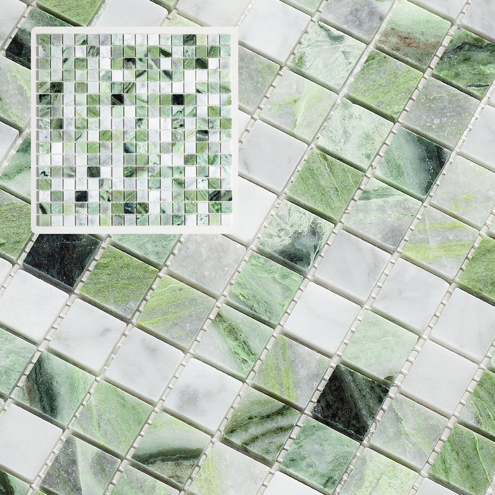 Midcard 6 sheets Emerald Green and Carrara White marble square mosaic backsplash tiles, polished shower room floor and wall tiles