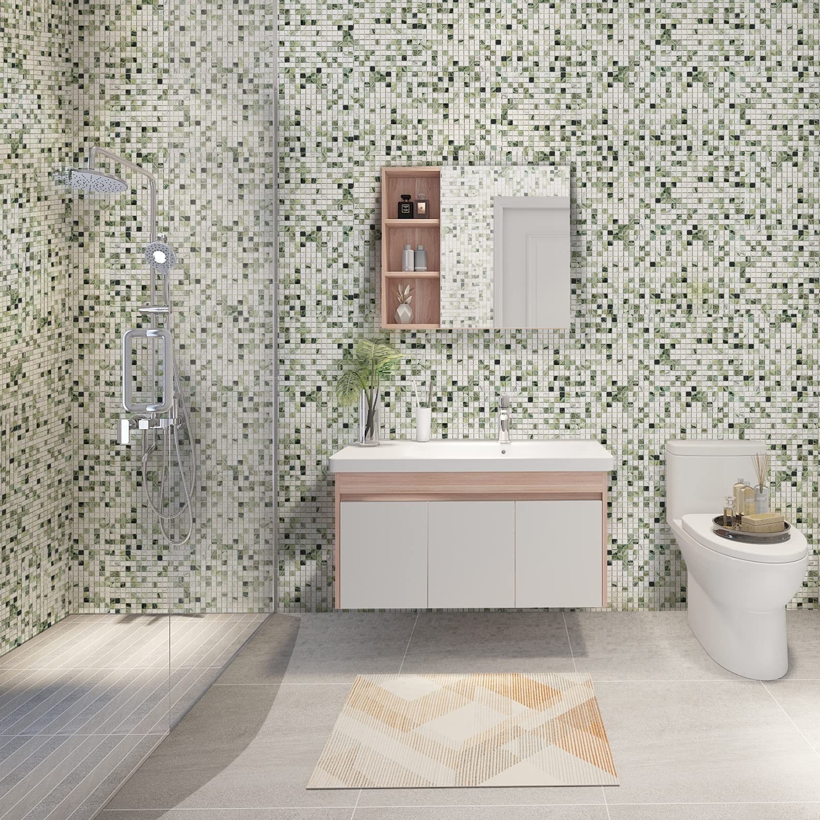 Midcard 6 sheets Emerald Green and Carrara White marble square mosaic backsplash tiles, polished shower room floor and wall tiles