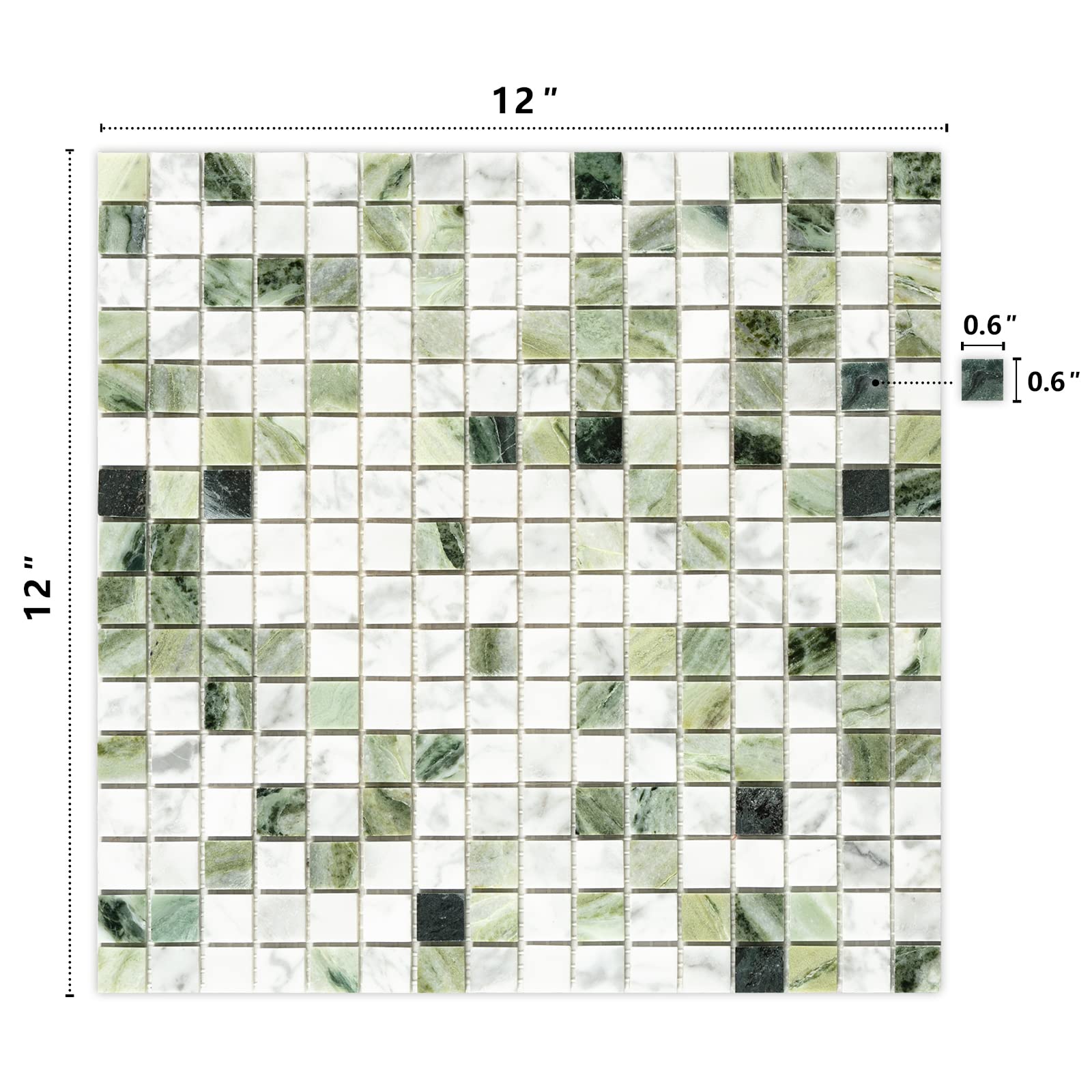 Midcard 6 sheets Emerald Green and Carrara White marble square mosaic backsplash tiles, polished shower room floor and wall tiles