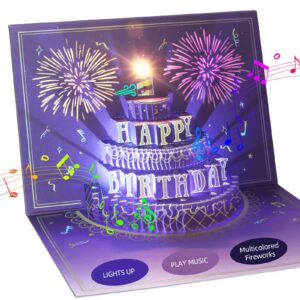 xtf2015 happy birthday card, lights & music & sound fireworks cake 3d pop up birthday card gift with envelope and note tag for women, men, kids, wife, mom, husband