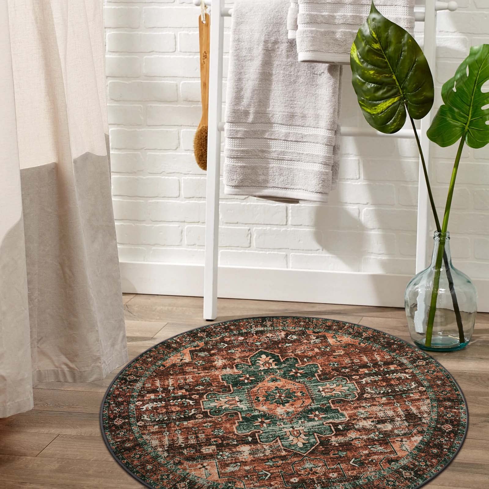 Moynesa Ultra-Thin Washable Round Rug - 3Ft Brown Entryway Rug Low Pile Bathroom Circle Mat, Non Slip Non Shedding Indoor Kitchen Floor Accent Carpet for Bedroom Living Room Foyer Doorway