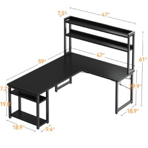 ODK L Shaped Gaming Desk with Hutch, Computer Desk with Storage Shelves, 59" L Shaped Desk for Home Office, Corner Desk with Headphone Hook, Black