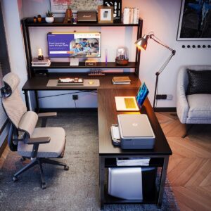 ODK L Shaped Gaming Desk with Hutch, Computer Desk with Storage Shelves, 59" L Shaped Desk for Home Office, Corner Desk with Headphone Hook, Black