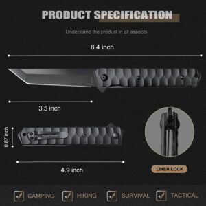 Pocket Knife for Men, Tanto Folding Knives with Clip, Glass Breaker for Emergency, EDC Pocket Knife with 440 Steel Blade & Aluminum Handle for Outdoor Camping, Gifts for Dad (VF006)