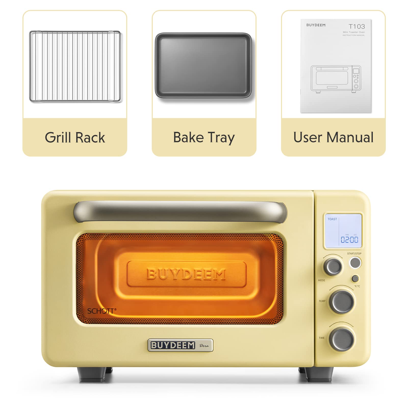 BUYDEEM T103 Multifunction Toaster Oven, No Pre-Heat Needed, 12QT 7-in-1 Mini Smart Digital Toaster Oven with Grill Rack and Baking Tray, 1600W (Mellow Yellow)