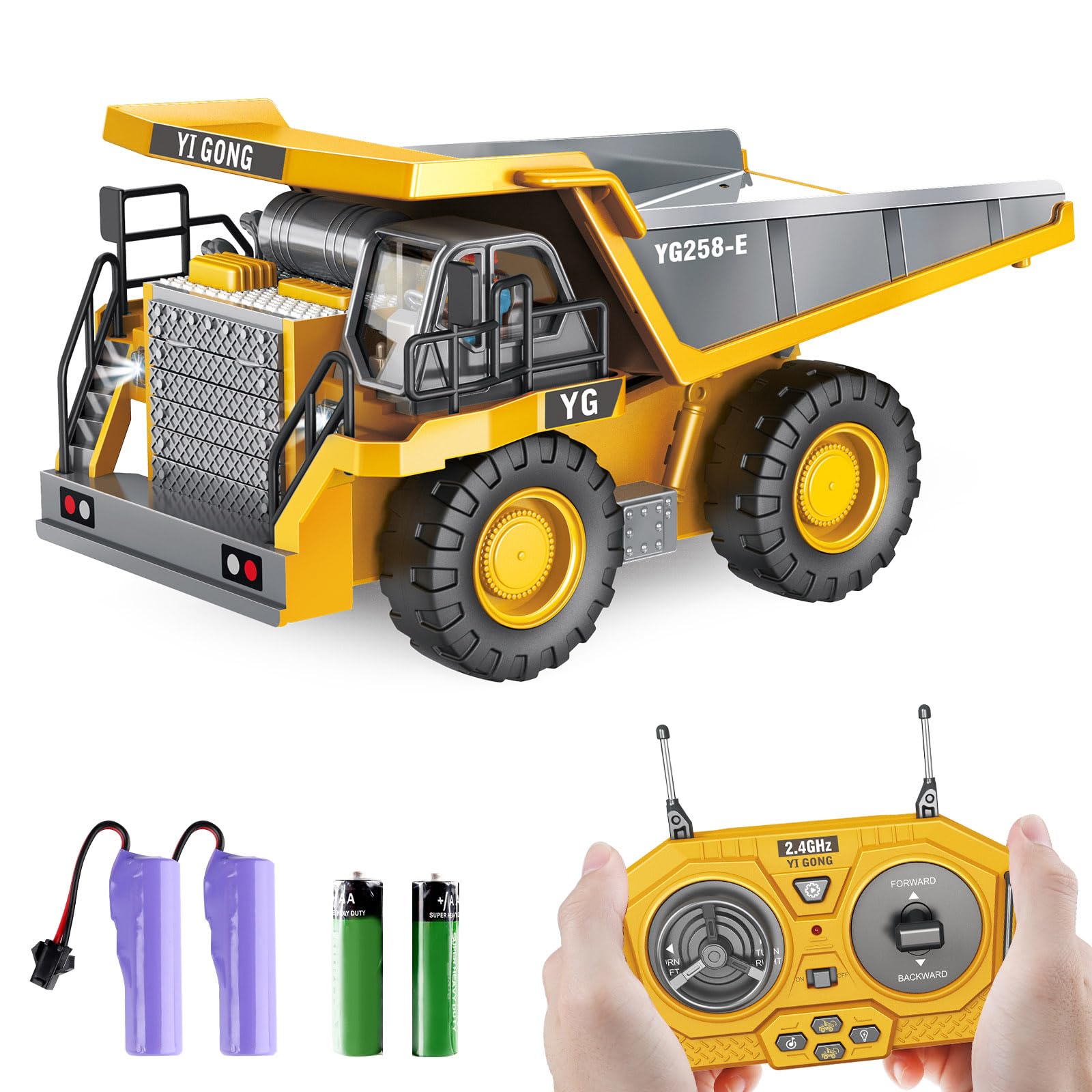 Dwi Dowellin Remote Control Dump Truck Toys for Boys 4-7,Construction Rc car with Metal Bed Lights/Sounds for Kids Age 8-12 Year Old,Ideal for Boys Age 3+