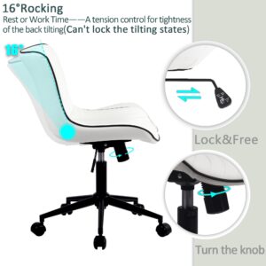 YOUTASTE Office Chair Modern Armless Desk Chair, Height Adjustable Swivel Rocking Computer Task Chair, Faux Leather Sewing Chairs with Wheels, Stylish Lounge Vanity Chair,White