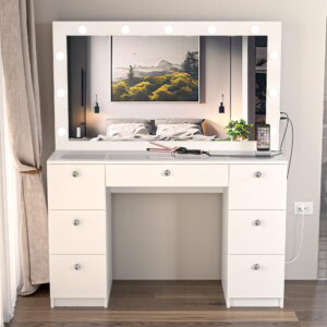 boahaus yara large bedroom makeup vanity desk with mirror and lights, 7 drawers, glass top, crystal knobs - white big vanity makeup desk, built-in lights, 56'' h x 46.3'' w x 14.6'' d