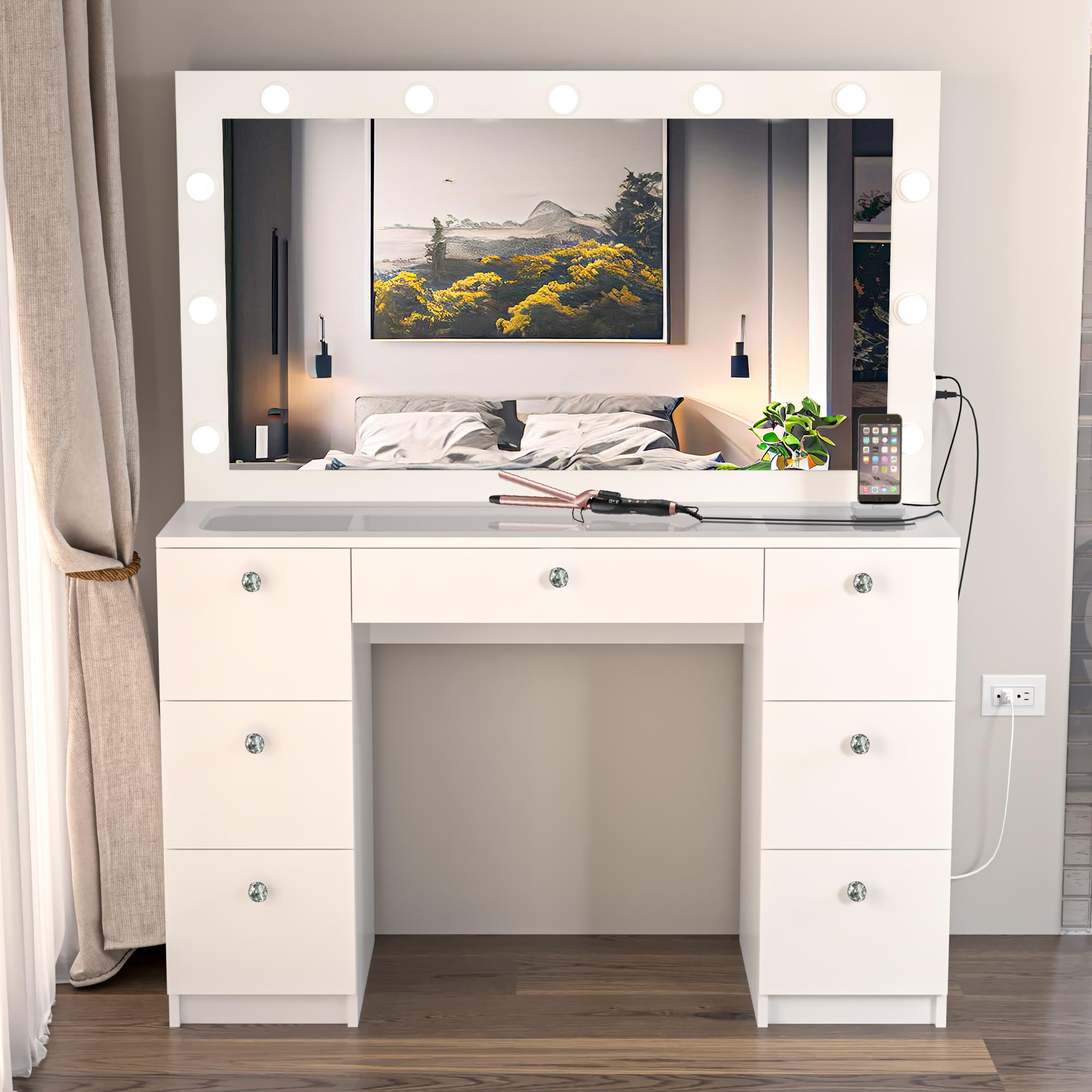 Boahaus Yara LARGE Bedroom Makeup Vanity Desk with Mirror and Lights, 7 Drawers, Glass Top, Crystal Knobs - White Big Vanity Makeup Desk, Built-in Lights, 56'' H x 46.3'' W x 14.6'' D