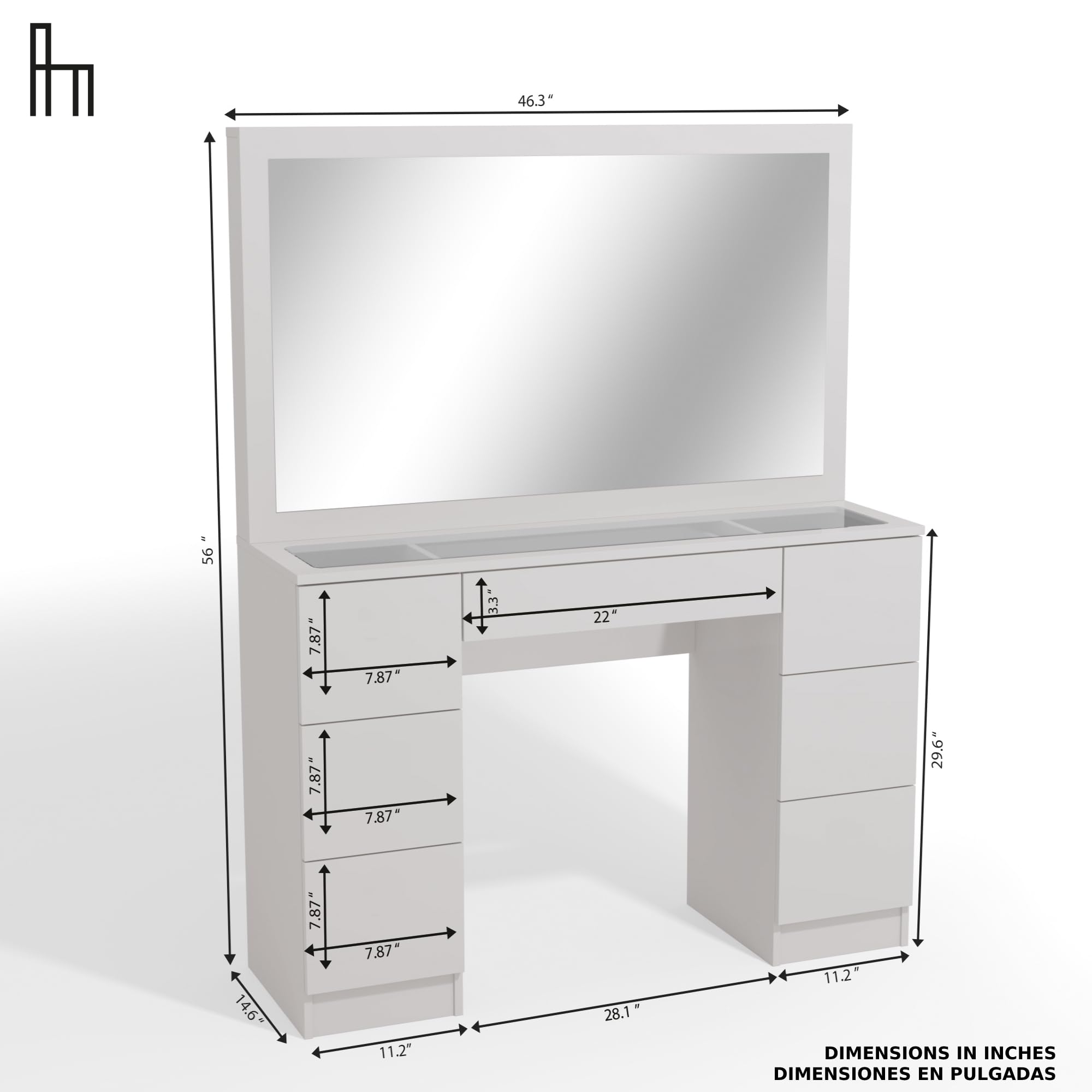 Boahaus Yara LARGE Bedroom Makeup Vanity Desk with Mirror and Lights, 7 Drawers, Glass Top, Crystal Knobs - White Big Vanity Makeup Desk, Built-in Lights, 56'' H x 46.3'' W x 14.6'' D