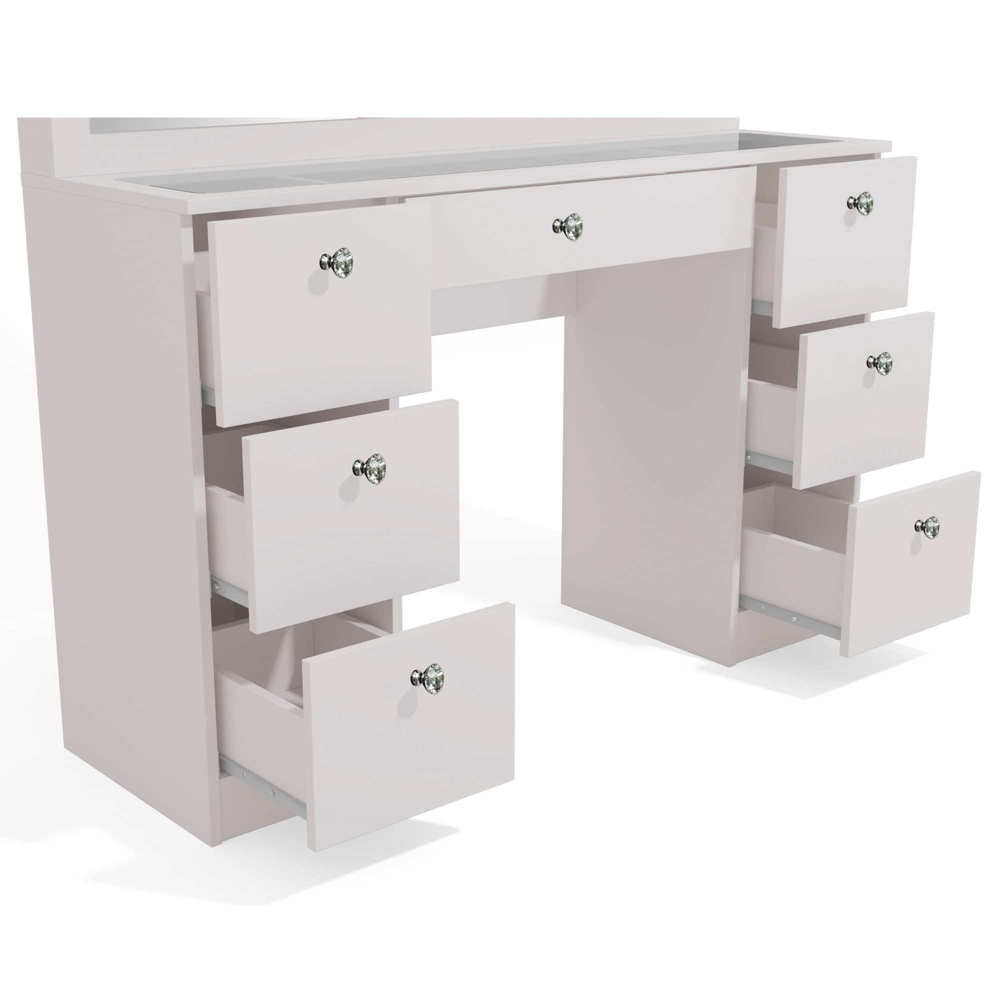 Boahaus Yara LARGE Bedroom Makeup Vanity Desk with Mirror and Lights, 7 Drawers, Glass Top, Crystal Knobs - White Big Vanity Makeup Desk, Built-in Lights, 56'' H x 46.3'' W x 14.6'' D