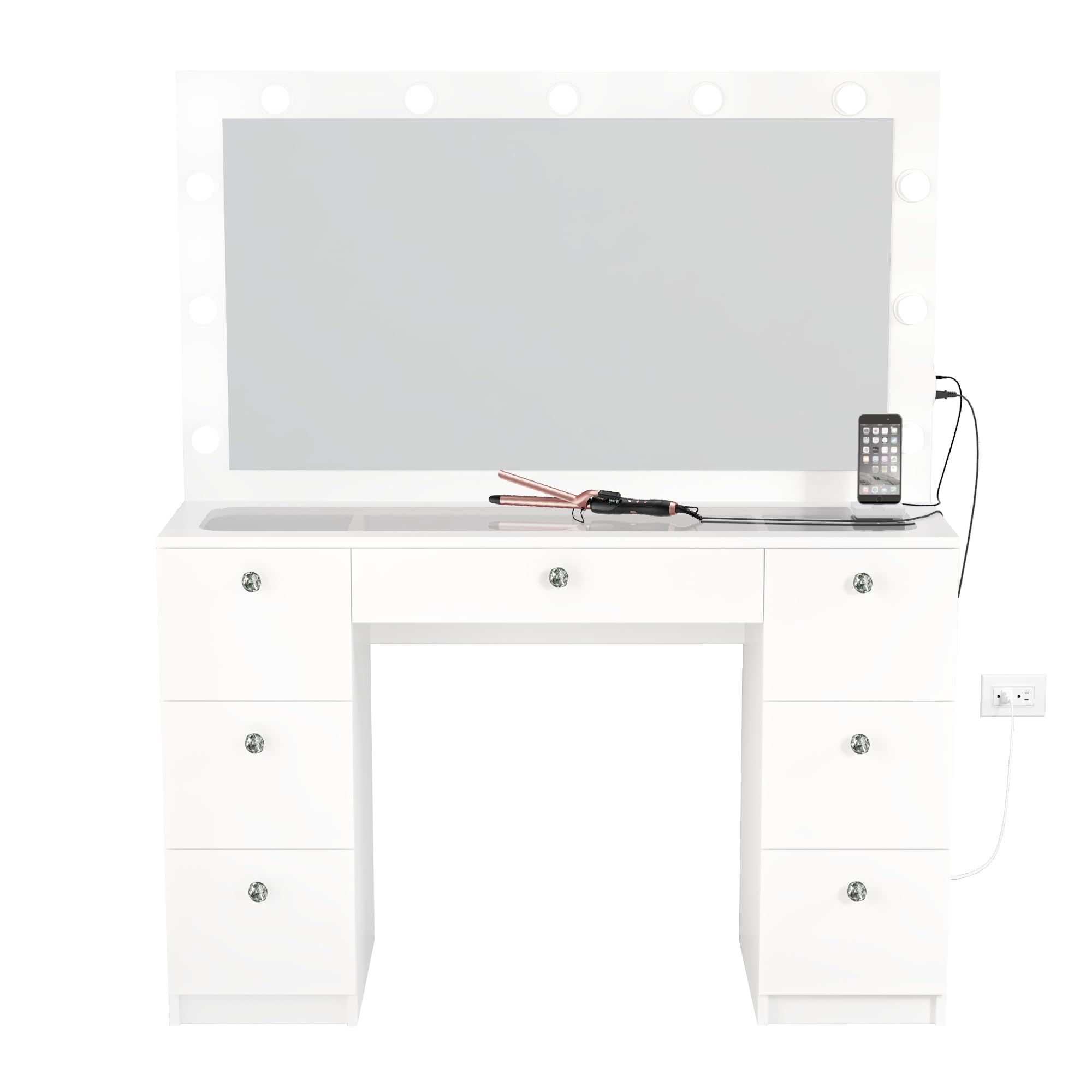 Boahaus Yara LARGE Bedroom Makeup Vanity Desk with Mirror and Lights, 7 Drawers, Glass Top, Crystal Knobs - White Big Vanity Makeup Desk, Built-in Lights, 56'' H x 46.3'' W x 14.6'' D