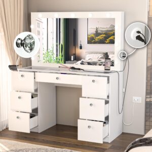 Boahaus Yara LARGE Bedroom Makeup Vanity Desk with Mirror and Lights, 7 Drawers, Glass Top, Crystal Knobs - White Big Vanity Makeup Desk, Built-in Lights, 56'' H x 46.3'' W x 14.6'' D