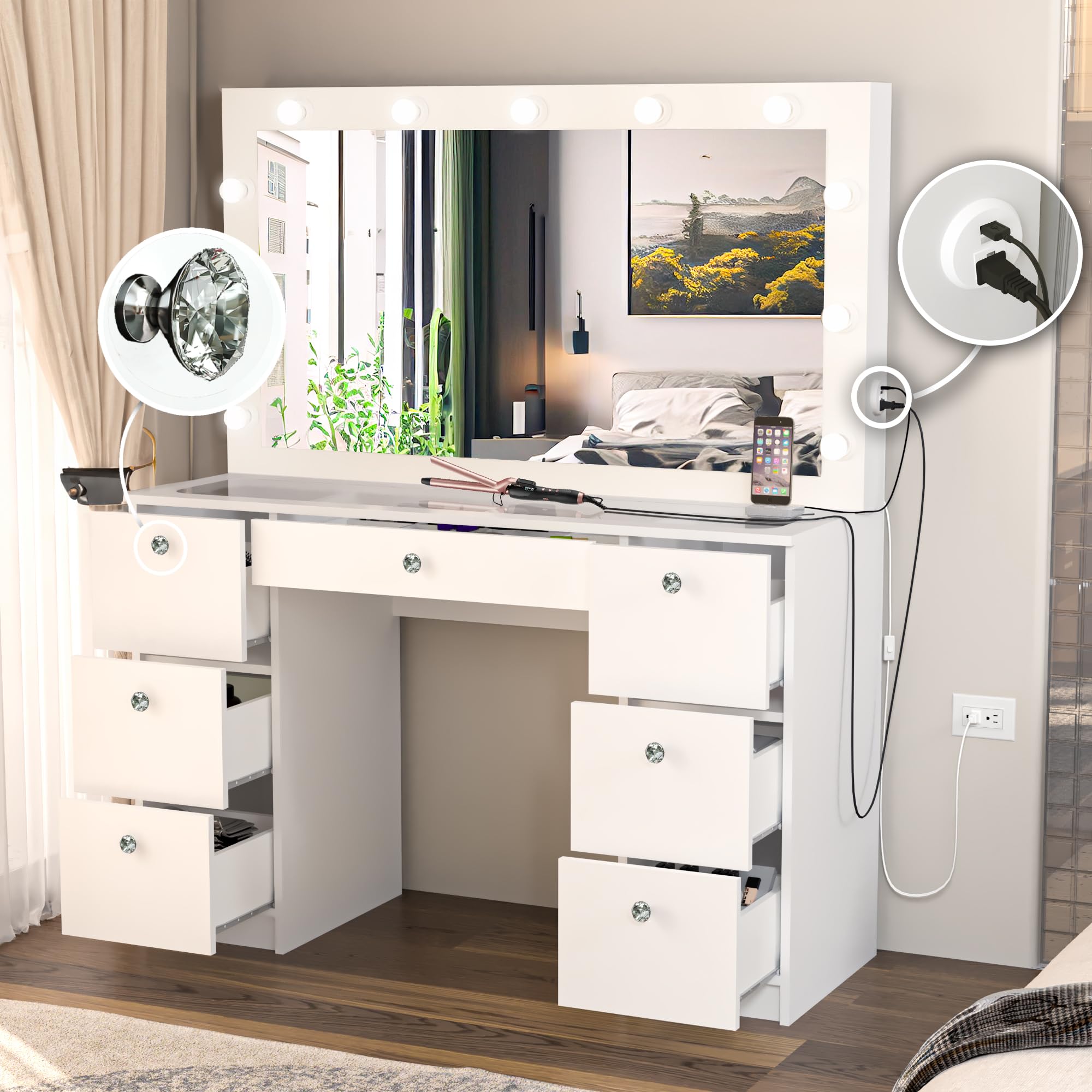 Boahaus Yara LARGE Bedroom Makeup Vanity Desk with Mirror and Lights, 7 Drawers, Glass Top, Crystal Knobs - White Big Vanity Makeup Desk, Built-in Lights, 56'' H x 46.3'' W x 14.6'' D