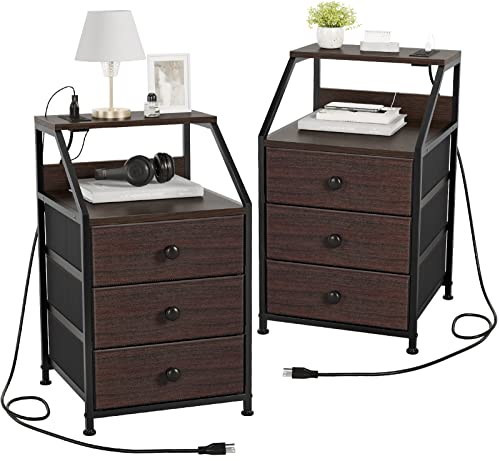 REAHOME Nightstand Set of 2, Brown Night Stands with Charging Station, Bedside Tables with 3 Fabric Drawers and 2-Tier Storage Shelves, Modern Side Table for Bedroom Living Room-Rustic Brown