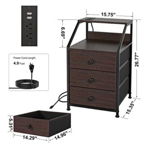 REAHOME Nightstand Set of 2, Brown Night Stands with Charging Station, Bedside Tables with 3 Fabric Drawers and 2-Tier Storage Shelves, Modern Side Table for Bedroom Living Room-Rustic Brown