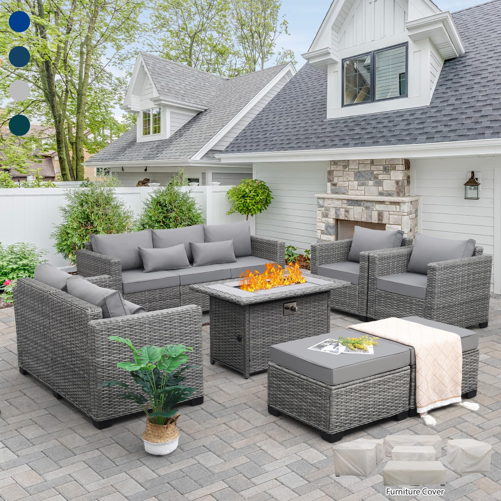 Rattaner 7-Piece Outdoor Furniture Sets Patio Furniture Set with 45-inch Fire Pit Patio Couch Outdoor Chairs 60000 BTU Propane Fire Pit Table with Non-slip Cushions Waterproof Covers, Light Grey