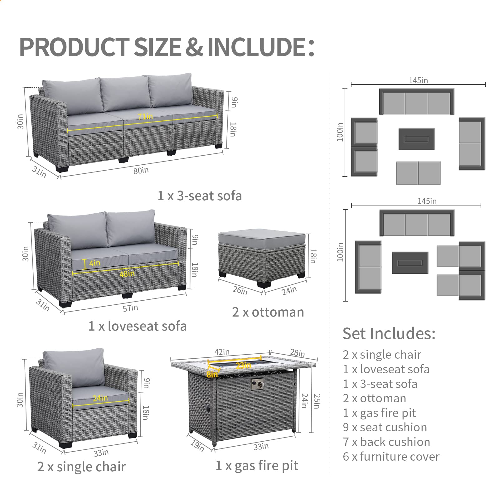 Rattaner 7-Piece Outdoor Furniture Sets Patio Furniture Set with 45-inch Fire Pit Patio Couch Outdoor Chairs 60000 BTU Propane Fire Pit Table with Non-slip Cushions Waterproof Covers, Light Grey