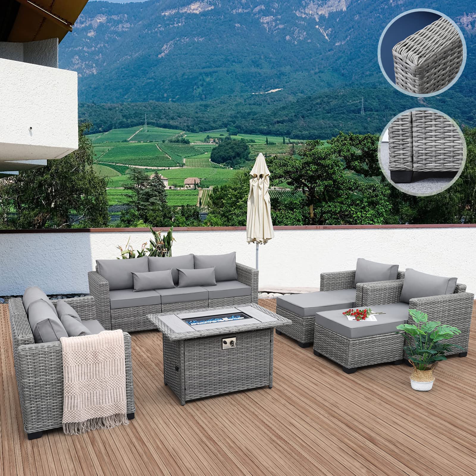 Rattaner 7-Piece Outdoor Furniture Sets Patio Furniture Set with 45-inch Fire Pit Patio Couch Outdoor Chairs 60000 BTU Propane Fire Pit Table with Non-slip Cushions Waterproof Covers, Light Grey