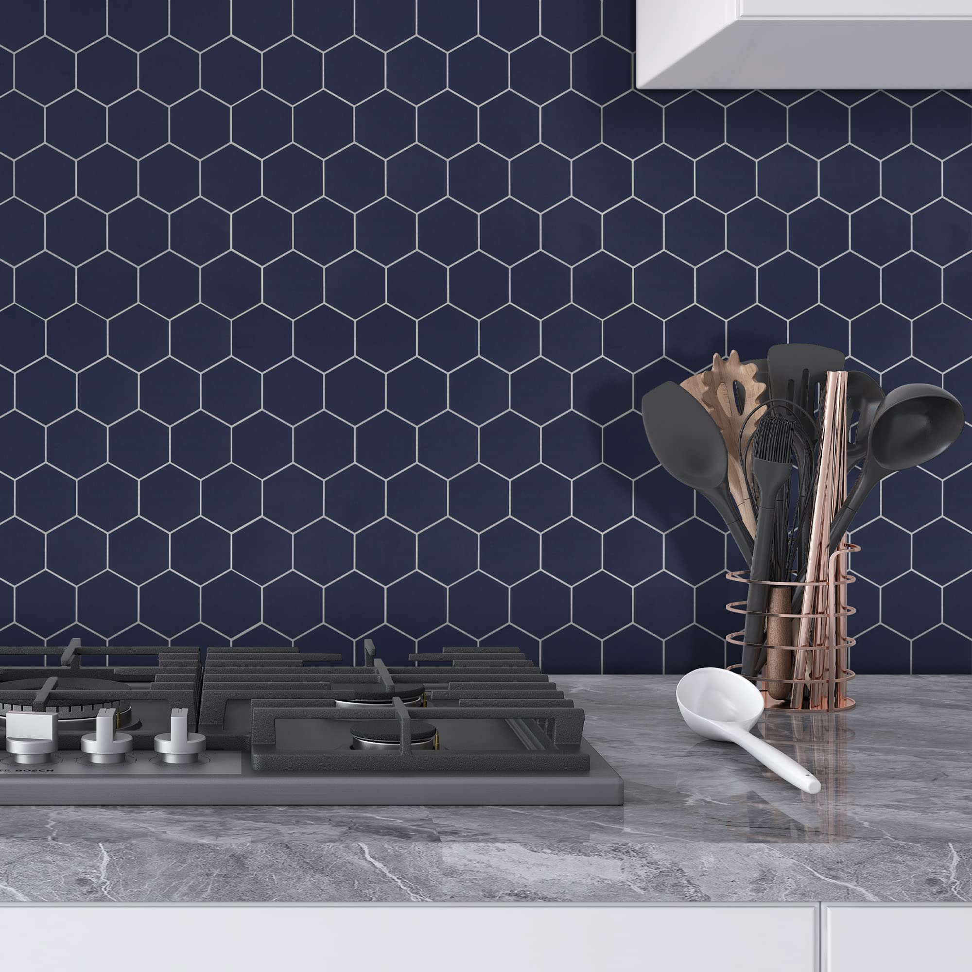 INNO STICKERS 10 Sheets Hexagon Peel and Stick Tile Backsplash,Waterproof Stick on Backsplash, 11.42" x 11.42" Self-Adhesive Marble Tiles for Kitchen,Bathroom,Bedroom, Navy Blue