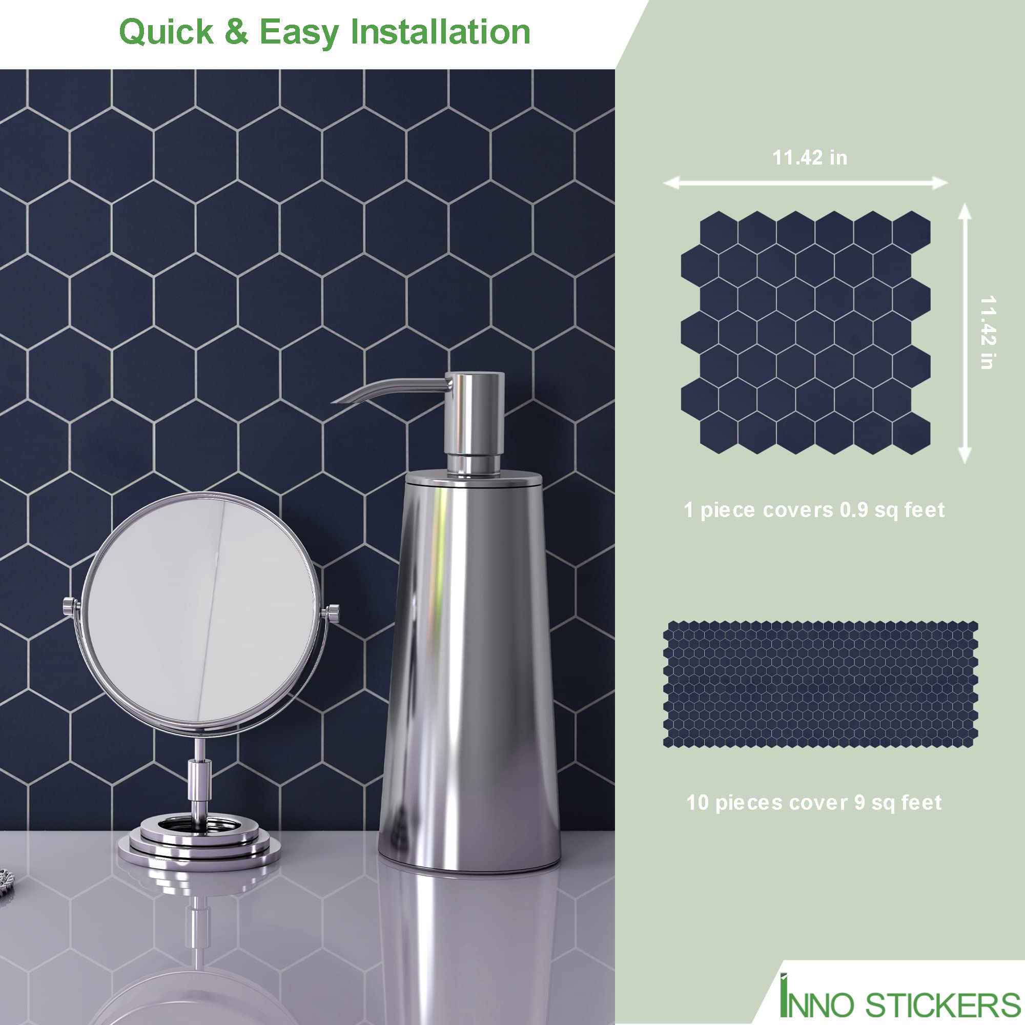 INNO STICKERS 10 Sheets Hexagon Peel and Stick Tile Backsplash,Waterproof Stick on Backsplash, 11.42" x 11.42" Self-Adhesive Marble Tiles for Kitchen,Bathroom,Bedroom, Navy Blue