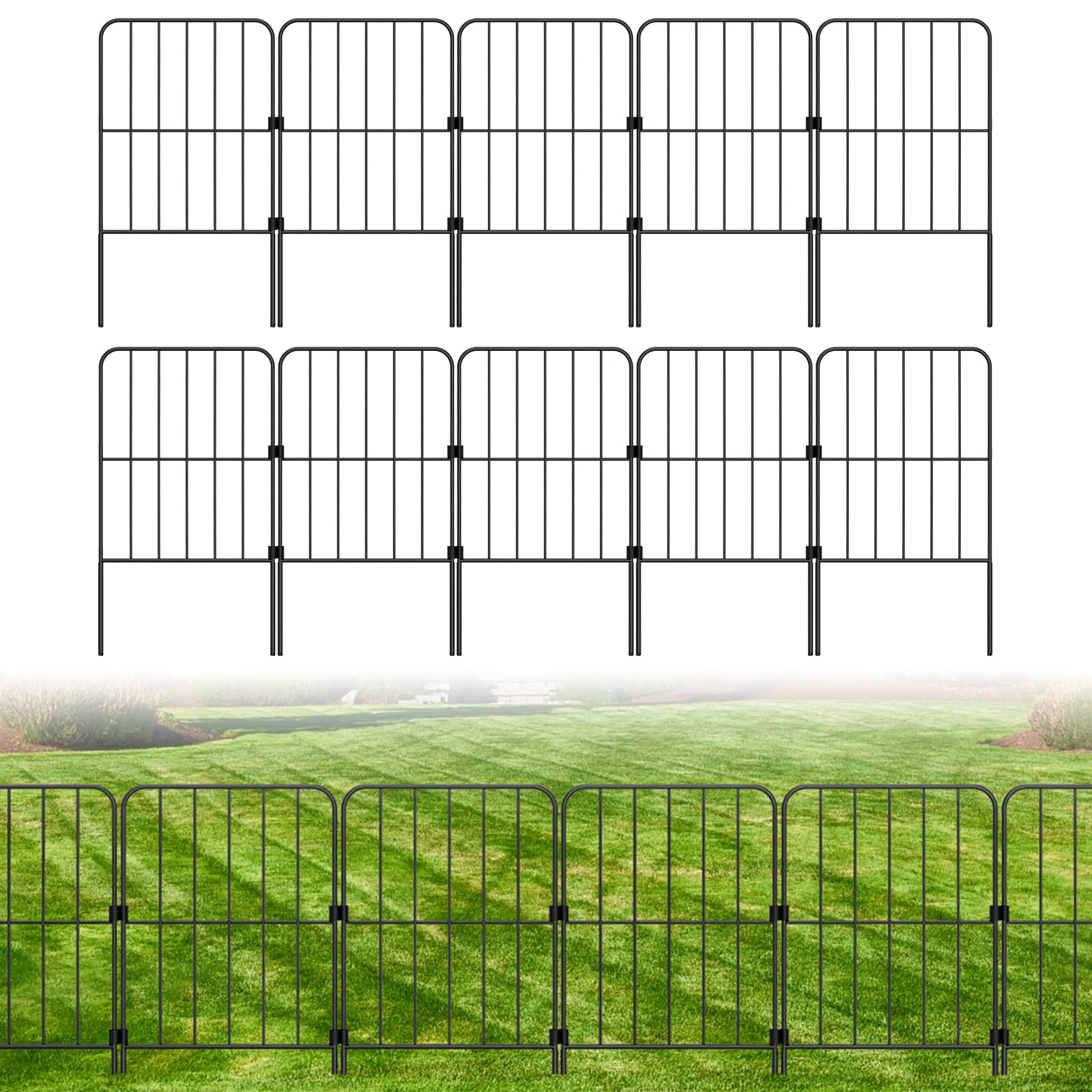 PINPON Decorative Garden Fence 10 Pack Animal Barrier Fence 10ft(L) x 24in(H) Rustproof Metal Wire Section Edging Fencing Panel for Outdoor Yard Landscape Patio, Square