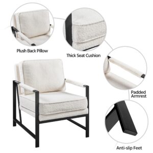 Yaheetech Teddy Boucle Fabric Armchair, Retro Leisure Accent Chair with Extra Soft Padded and Cushion, Modern Reading Arm Chair with Black Metal Frame for Living Room/Office/Bedroom/Study, Ivory, 2PC