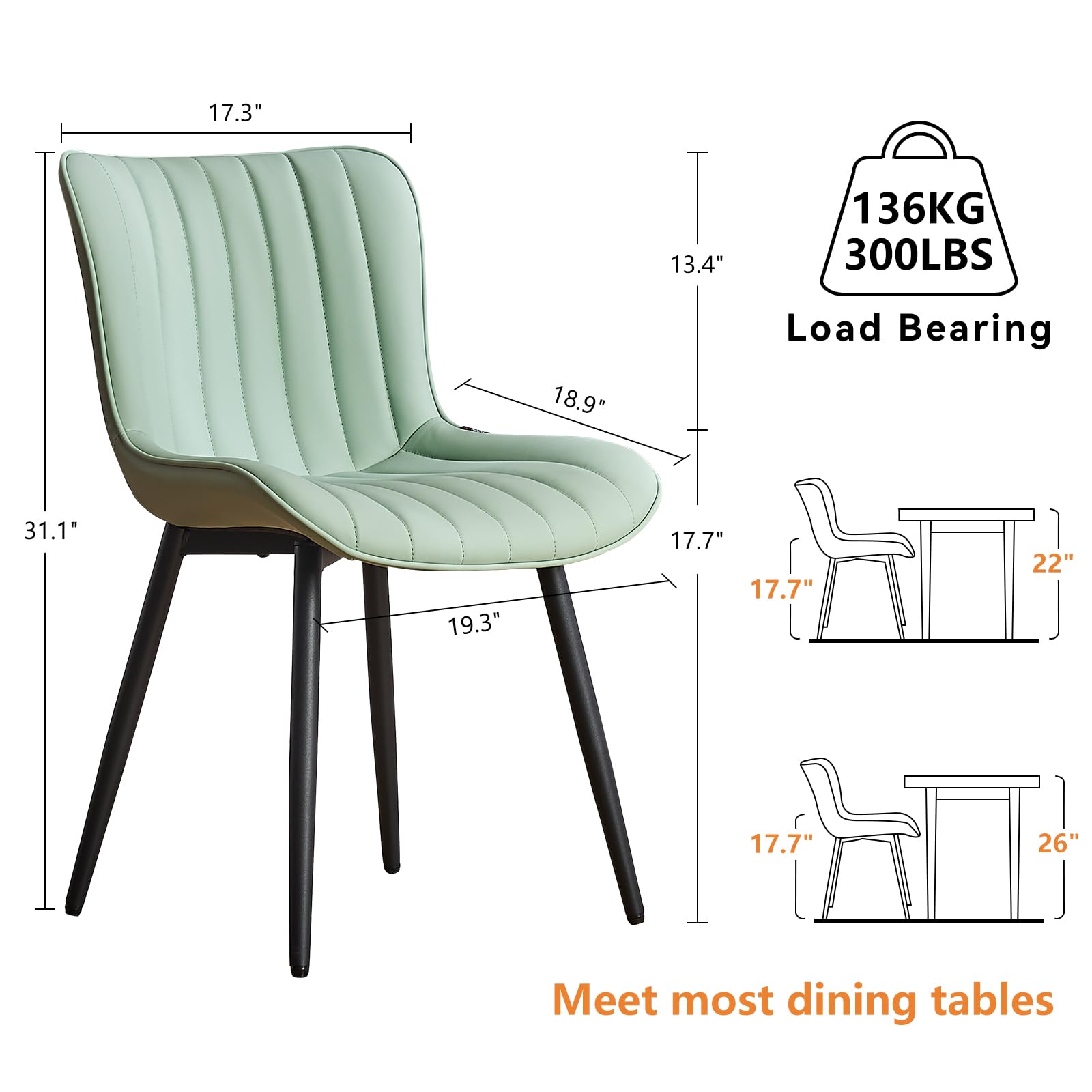 YOUNUOKE Dining Chairs Set of 2 Upholstered Mid Century Modern Kitchen Chair Armless Faux Leather Side Chairs with Padded Back Metal Legs for Living Room Bedrooms Mint Light Sage Green