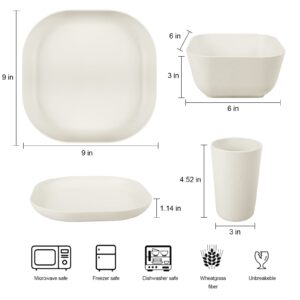 afcevnlb 24 Piece Wheat Straw Square Dinnerware Sets for 4, Unbreakable Dinner Plates and Bowls Sets for Camping Party Grill (White)