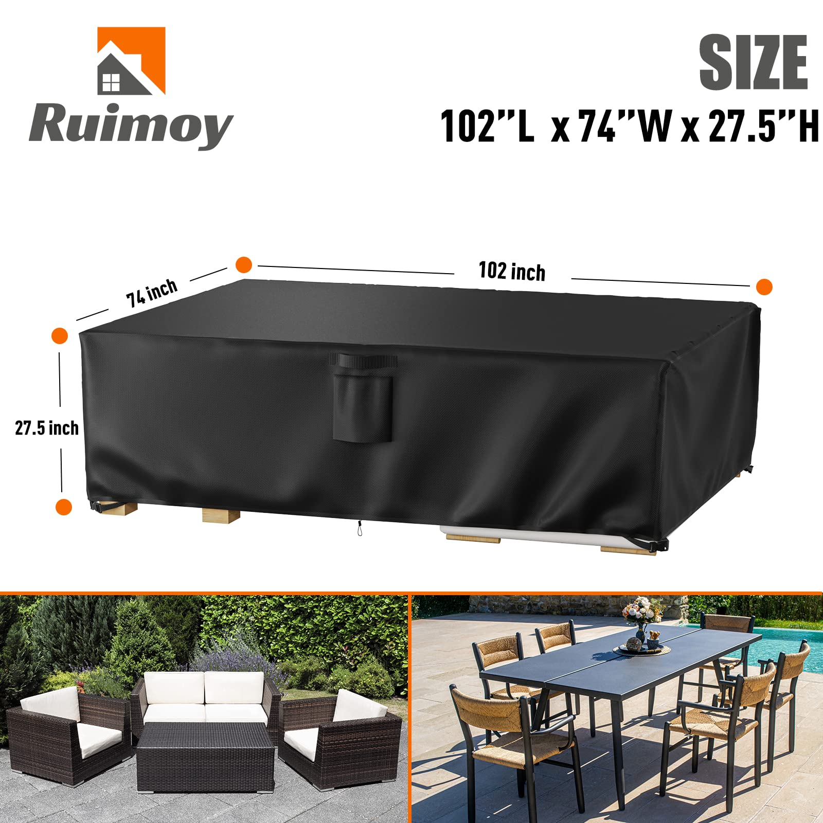 Ruimoy Patio Furniture Covers, Outdoor Furniture Cover Waterproof, General Purpose, Outside Table and Chair Covers, Heavy Duty 600D (102 Inch L x 74 Inch W x 27.5 Inch H)