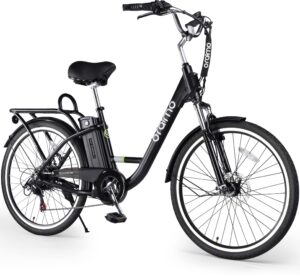 oraimo electric bike for adults 3a fast charge, 36v 10.4ah ul-certified li-ion battery, 350w brushless motor, 26" aluminum ebike 2x load rear rack, air saddle, shimano 7 speed (black, standard)