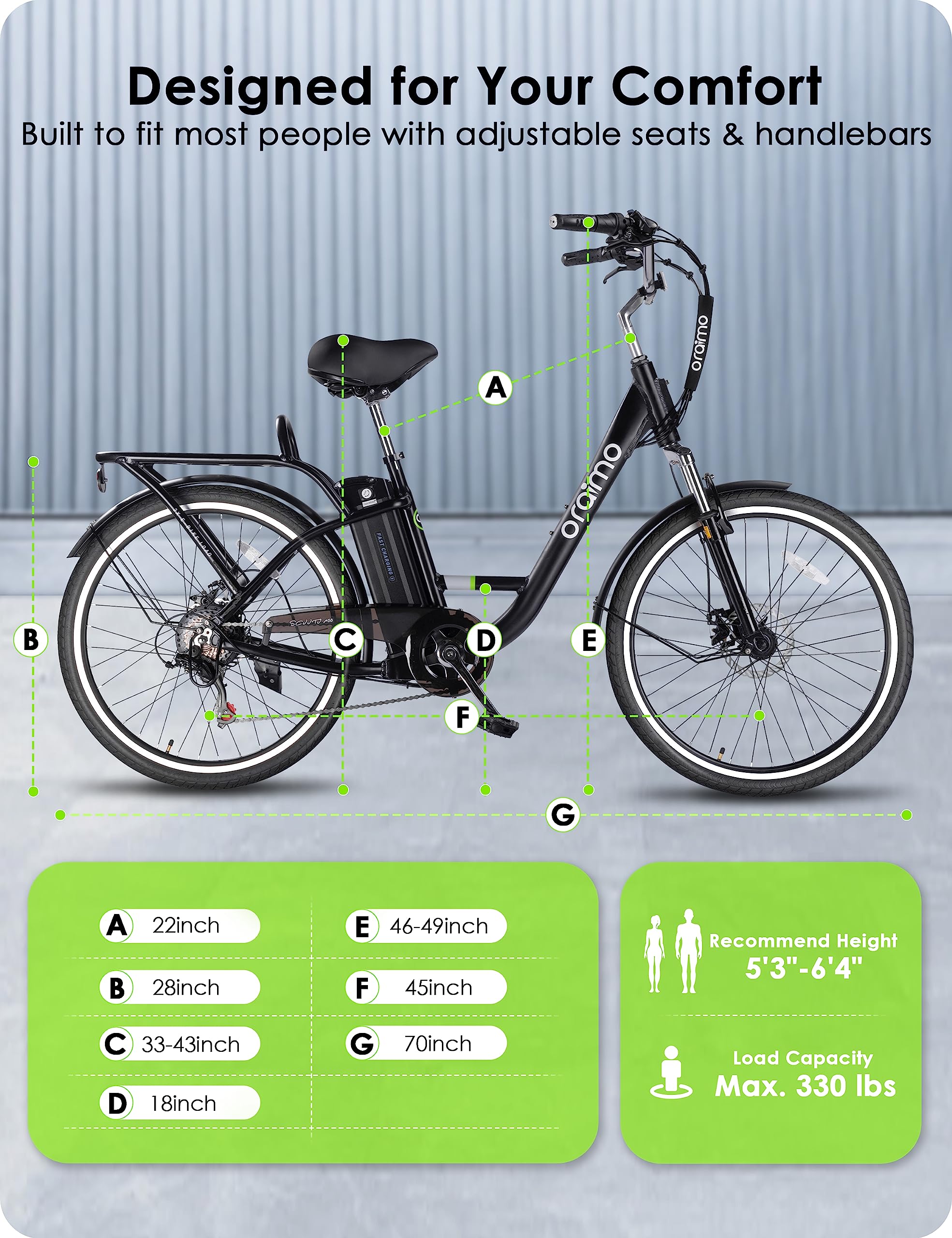 Oraimo Electric Bike for Adults 3A Fast Charge, 36V 10.4Ah UL-Certified Li-ion Battery, 350W Brushless Motor, 26" Aluminum Ebike 2X Load Rear Rack, Air Saddle, Shimano 7 Speed (Black, Standard)