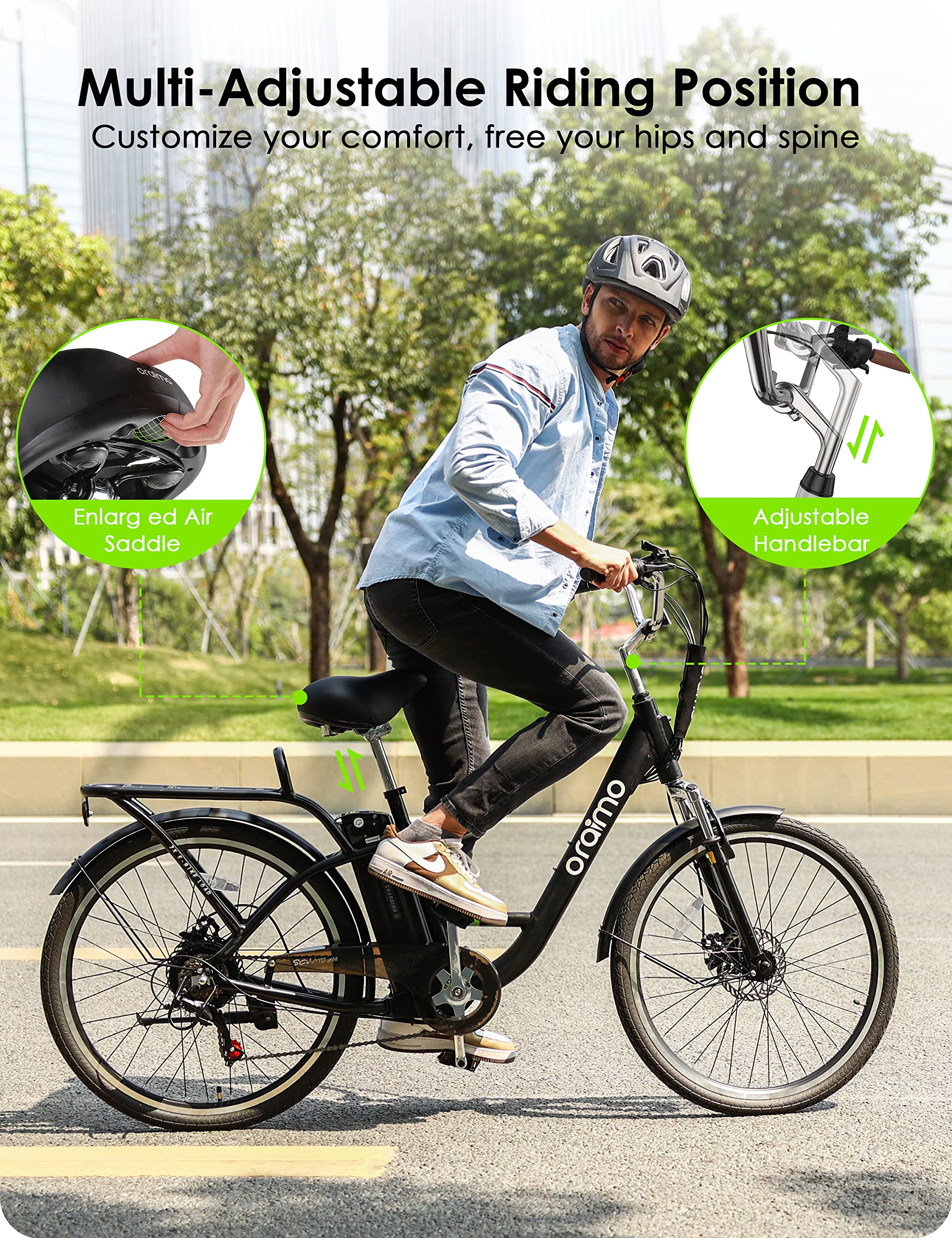 Oraimo Electric Bike for Adults 3A Fast Charge, 36V 10.4Ah UL-Certified Li-ion Battery, 350W Brushless Motor, 26" Aluminum Ebike 2X Load Rear Rack, Air Saddle, Shimano 7 Speed (Black, Standard)