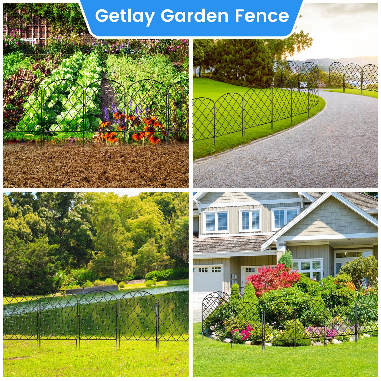 Getlay Decorative Garden Fence 24 Pack,24Ft (L) X 24in (H) Black Mesh Rustproof Metal Fence, Animal Barrier Fence for Small Dog, Border Folding Patio Fence, Outdoor Flower Bed Landscape Decor