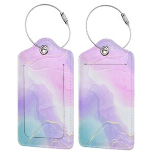 pink luggage tags 2 pack for girls women, watercolor light purple and cyan blue background leather suitcase tags identifiers, cute id and name labels with privacy covers for backpack travel bag